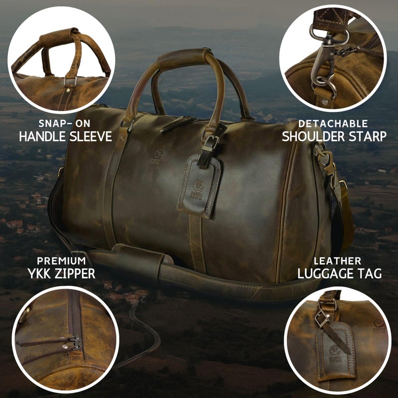 Rustic Town Leather Holdall Bags for Men - Travel Overnight Duffle - Weekend Carry On Suitcase - Underseat Flight Cabin Duffel Bag, Brown, L, Mens leather weekend bag - Image 5
